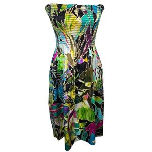 VTG Cache 100% Silk Smocked Strapless Midi Dress Tropical Floral Print Women's M